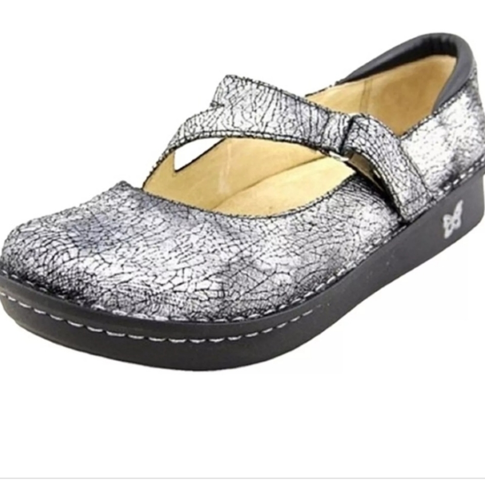 Alegria JIL Mary Jane Leather Onyx Crackle Comfort Shoes Size 38 Silver Metallic
